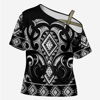 Black Ngaru Taniko With Aotearoa Maori Tattoo Cross Shoulder Shirt LT14 Female Black - Polynesian Pride