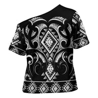 Black Ngaru Taniko With Aotearoa Maori Tattoo Cross Shoulder Shirt LT14 - Polynesian Pride
