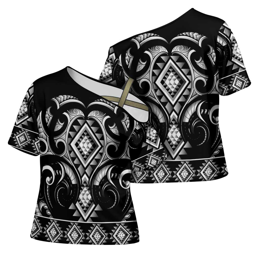 Black Ngaru Taniko With Aotearoa Maori Tattoo Cross Shoulder Shirt LT14 - Polynesian Pride