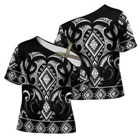 Black Ngaru Taniko With Aotearoa Maori Tattoo Cross Shoulder Shirt LT14 - Polynesian Pride