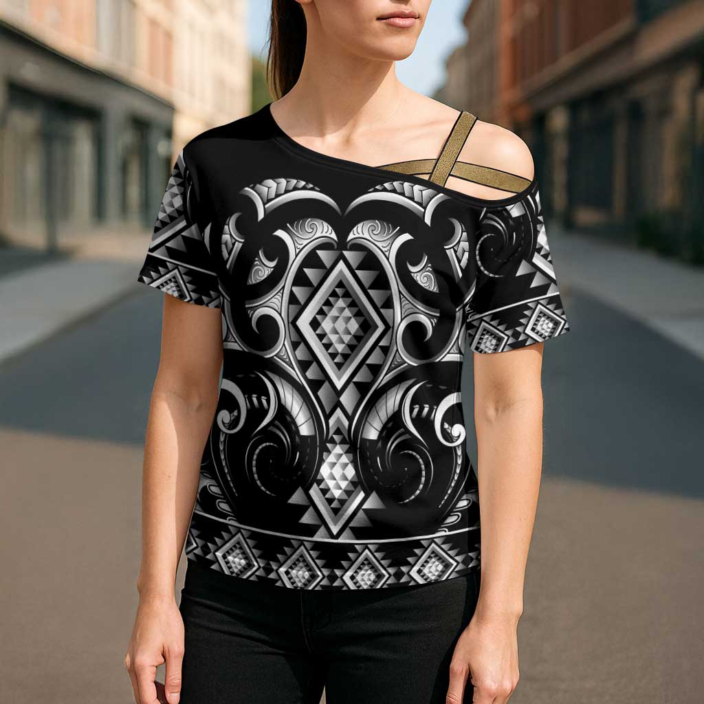 Black Ngaru Taniko With Aotearoa Maori Tattoo Cross Shoulder Shirt LT14 - Polynesian Pride