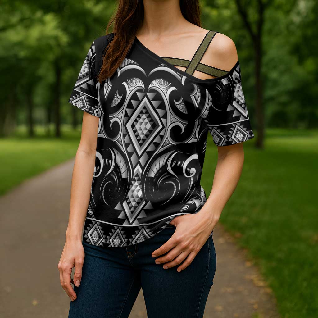 Black Ngaru Taniko With Aotearoa Maori Tattoo Cross Shoulder Shirt LT14 - Polynesian Pride
