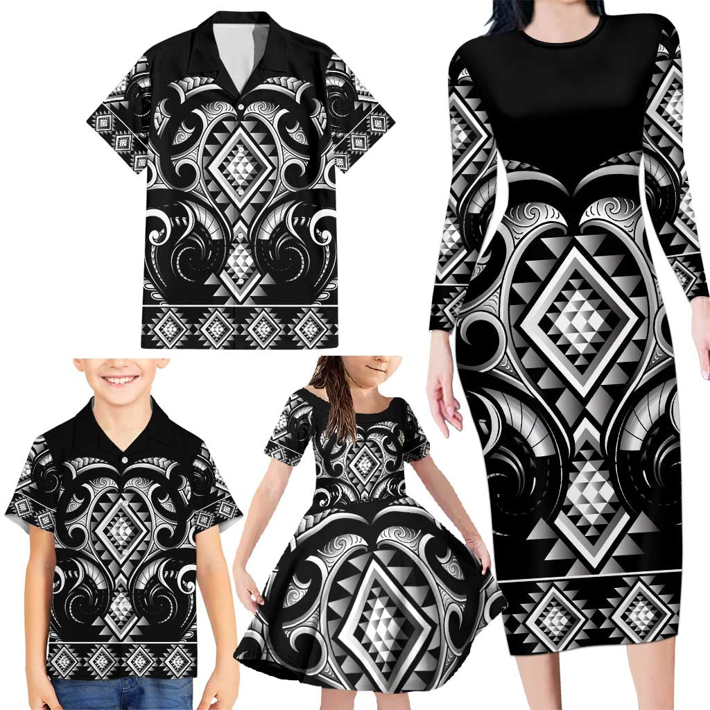 Black Ngaru Taniko With Aotearoa Maori Tattoo Family Matching Long Sleeve Bodycon Dress and Hawaiian Shirt LT14 - Polynesian Pride