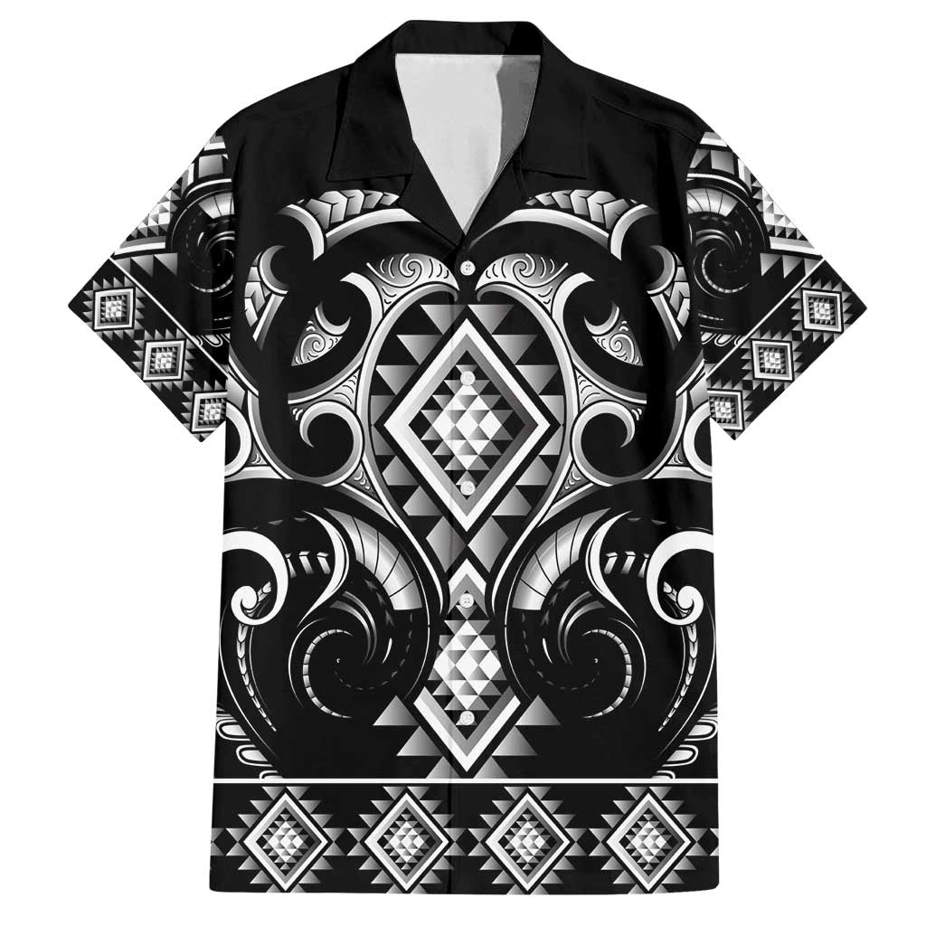 Black Ngaru Taniko With Aotearoa Maori Tattoo Family Matching Long Sleeve Bodycon Dress and Hawaiian Shirt LT14 Dad's Shirt - Short Sleeve Black - Polynesian Pride