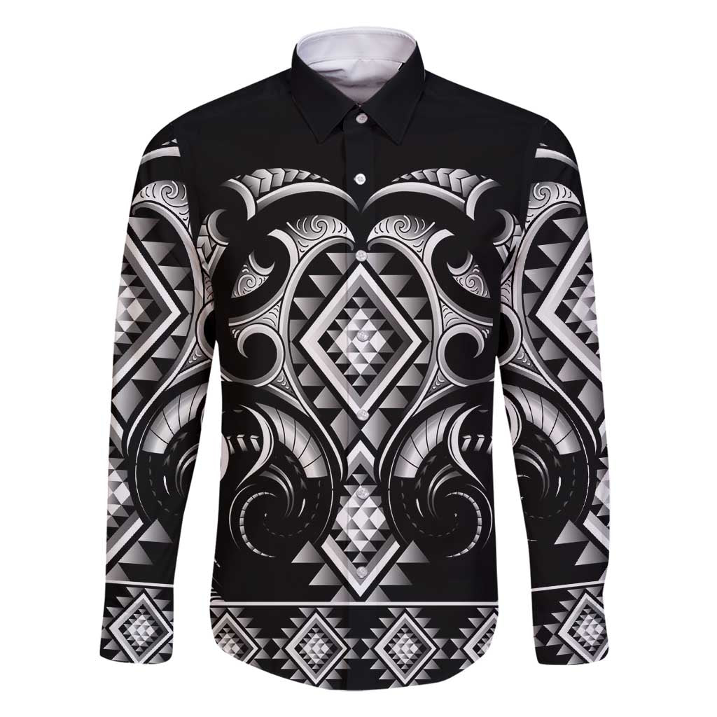 Black Ngaru Taniko With Aotearoa Maori Tattoo Family Matching Mermaid Dress and Hawaiian Shirt LT14 Dad's Shirt - Long Sleeve Black - Polynesian Pride