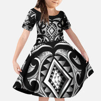 Black Ngaru Taniko With Aotearoa Maori Tattoo Family Matching Off The Shoulder Long Sleeve Dress and Hawaiian Shirt LT14 Daughter's Dress Black - Polynesian Pride