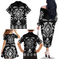 Black Ngaru Taniko With Aotearoa Maori Tattoo Family Matching Off The Shoulder Long Sleeve Dress and Hawaiian Shirt LT14 - Polynesian Pride