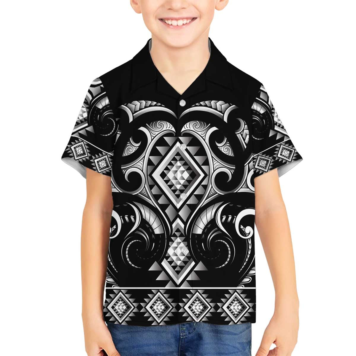 Black Ngaru Taniko With Aotearoa Maori Tattoo Family Matching Off The Shoulder Long Sleeve Dress and Hawaiian Shirt LT14 Son's Shirt Black - Polynesian Pride