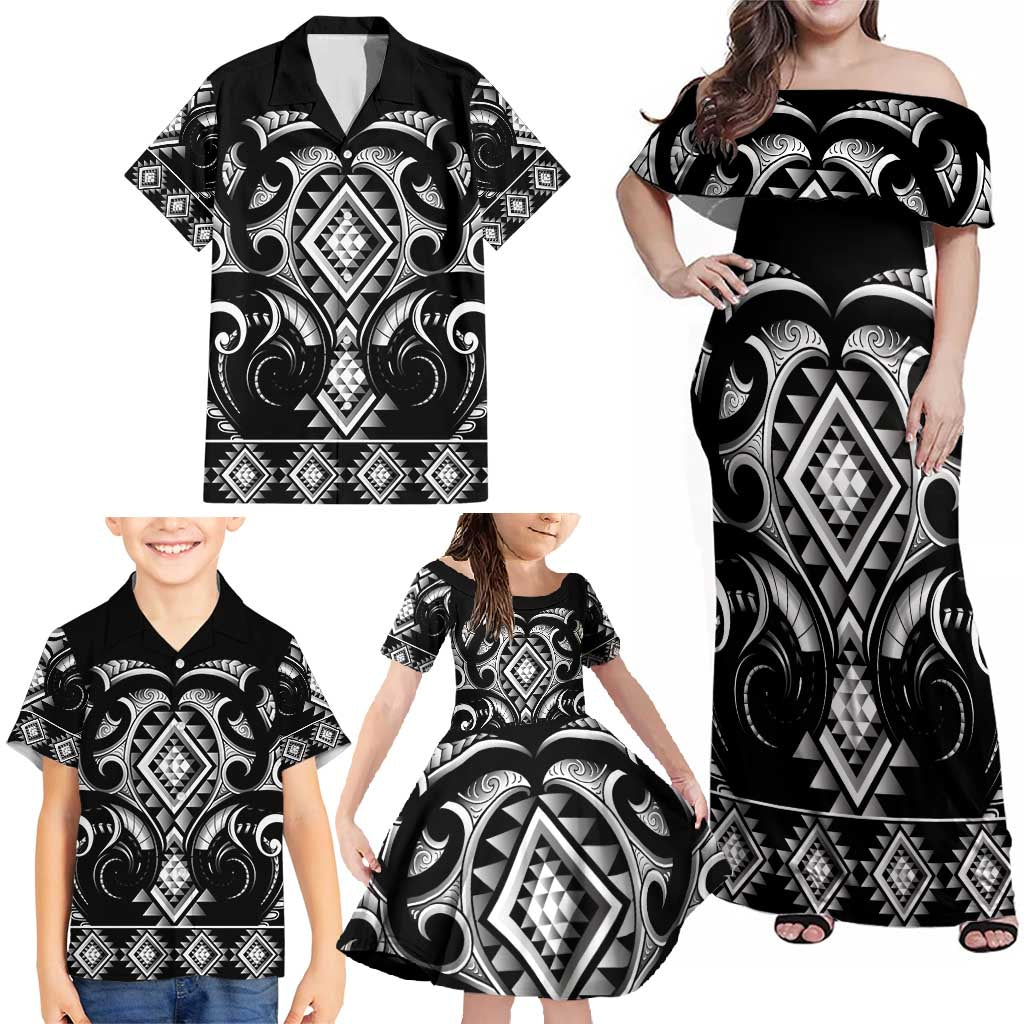 Black Ngaru Taniko With Aotearoa Maori Tattoo Family Matching Off Shoulder Maxi Dress and Hawaiian Shirt LT14 - Polynesian Pride
