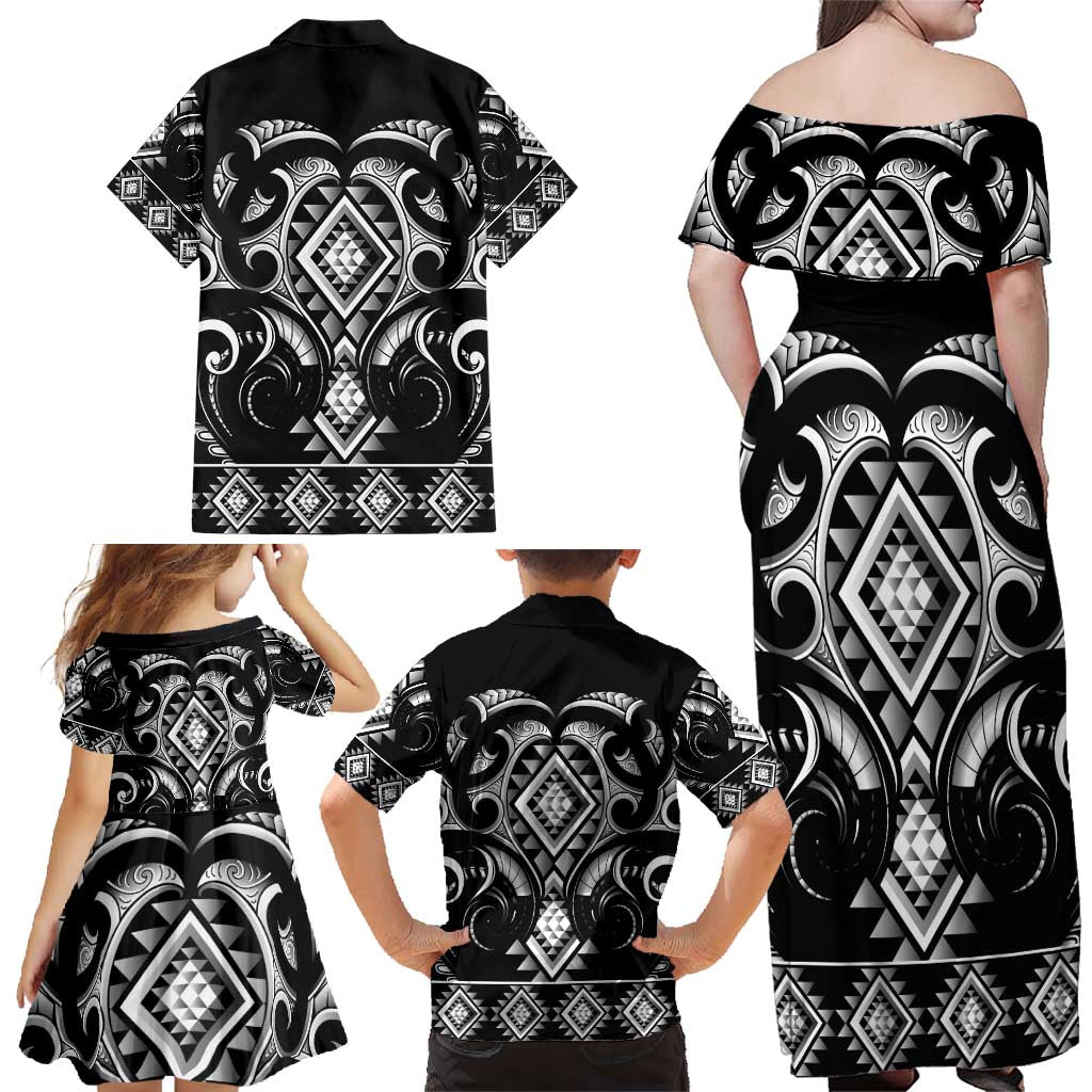 Black Ngaru Taniko With Aotearoa Maori Tattoo Family Matching Off Shoulder Maxi Dress and Hawaiian Shirt LT14 - Polynesian Pride