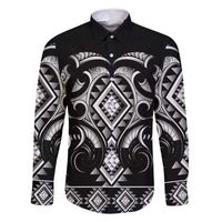 Black Ngaru Taniko With Aotearoa Maori Tattoo Family Matching Off Shoulder Maxi Dress and Hawaiian Shirt LT14 Dad's Shirt - Long Sleeve Black - Polynesian Pride