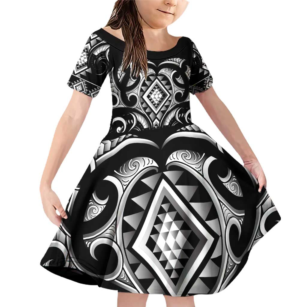 Black Ngaru Taniko With Aotearoa Maori Tattoo Family Matching Off Shoulder Short Dress and Hawaiian Shirt LT14 Daughter's Dress Black - Polynesian Pride