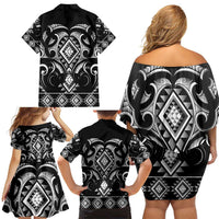 Black Ngaru Taniko With Aotearoa Maori Tattoo Family Matching Off Shoulder Short Dress and Hawaiian Shirt LT14 - Polynesian Pride