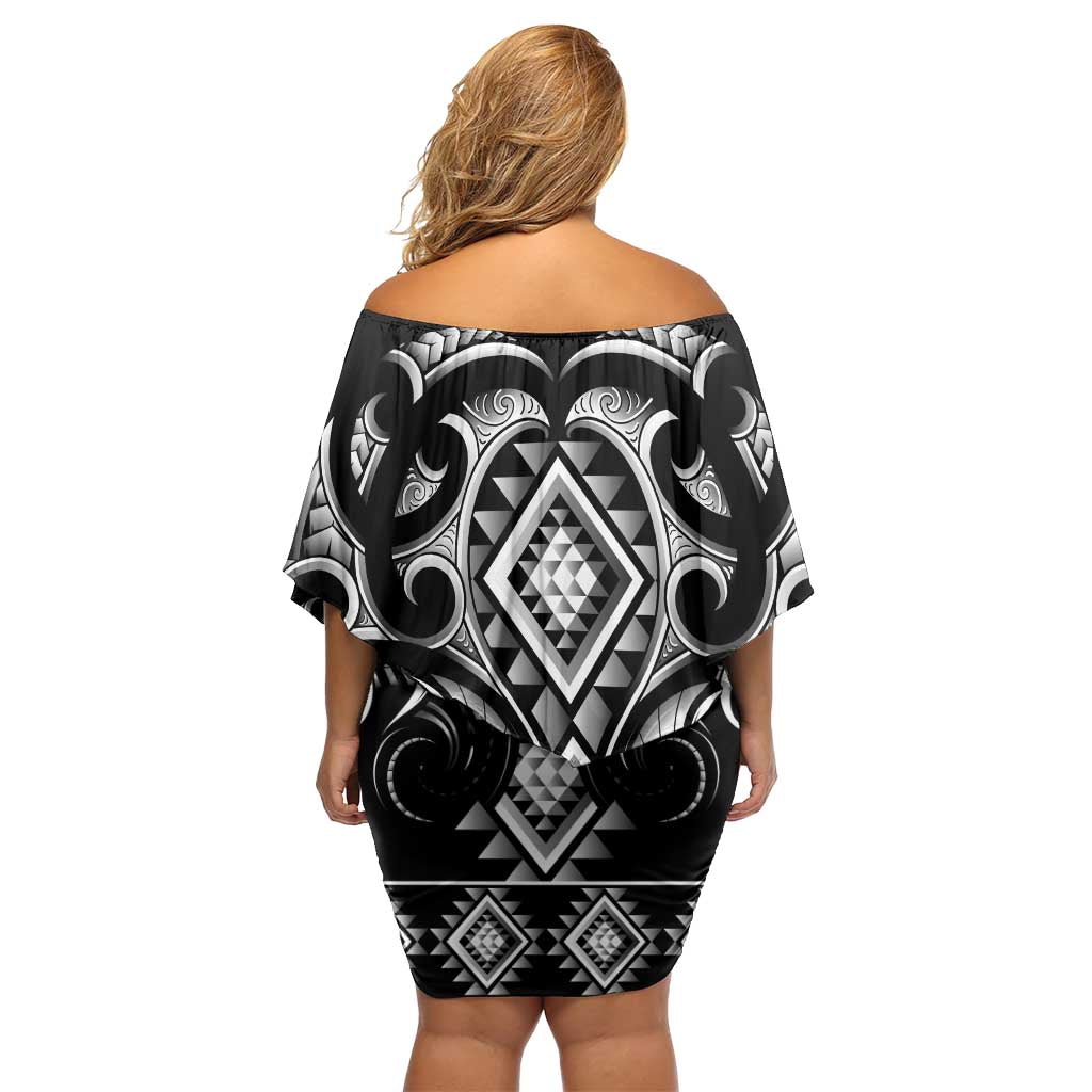 Black Ngaru Taniko With Aotearoa Maori Tattoo Family Matching Off Shoulder Short Dress and Hawaiian Shirt LT14 - Polynesian Pride