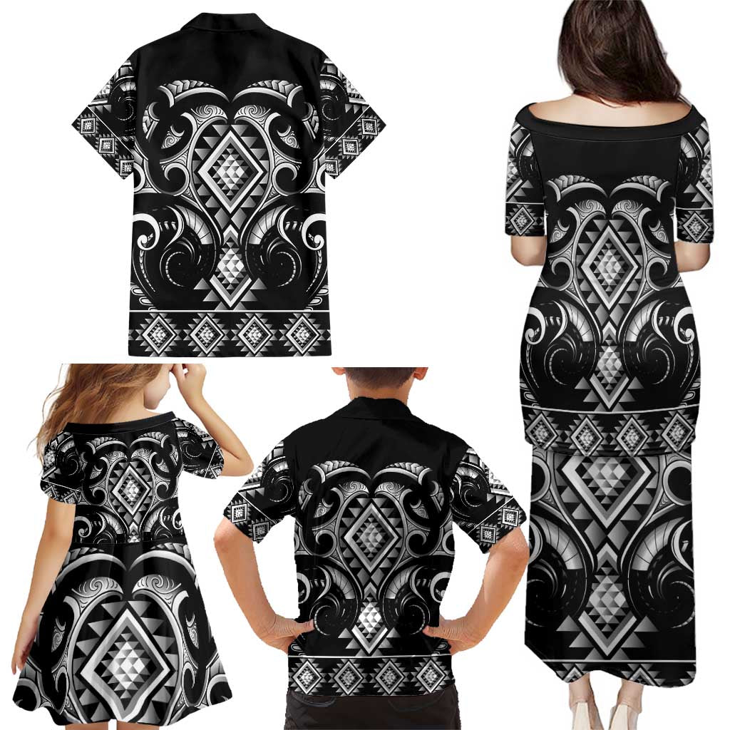 Black Ngaru Taniko With Aotearoa Maori Tattoo Family Matching Puletasi and Hawaiian Shirt LT14 - Polynesian Pride