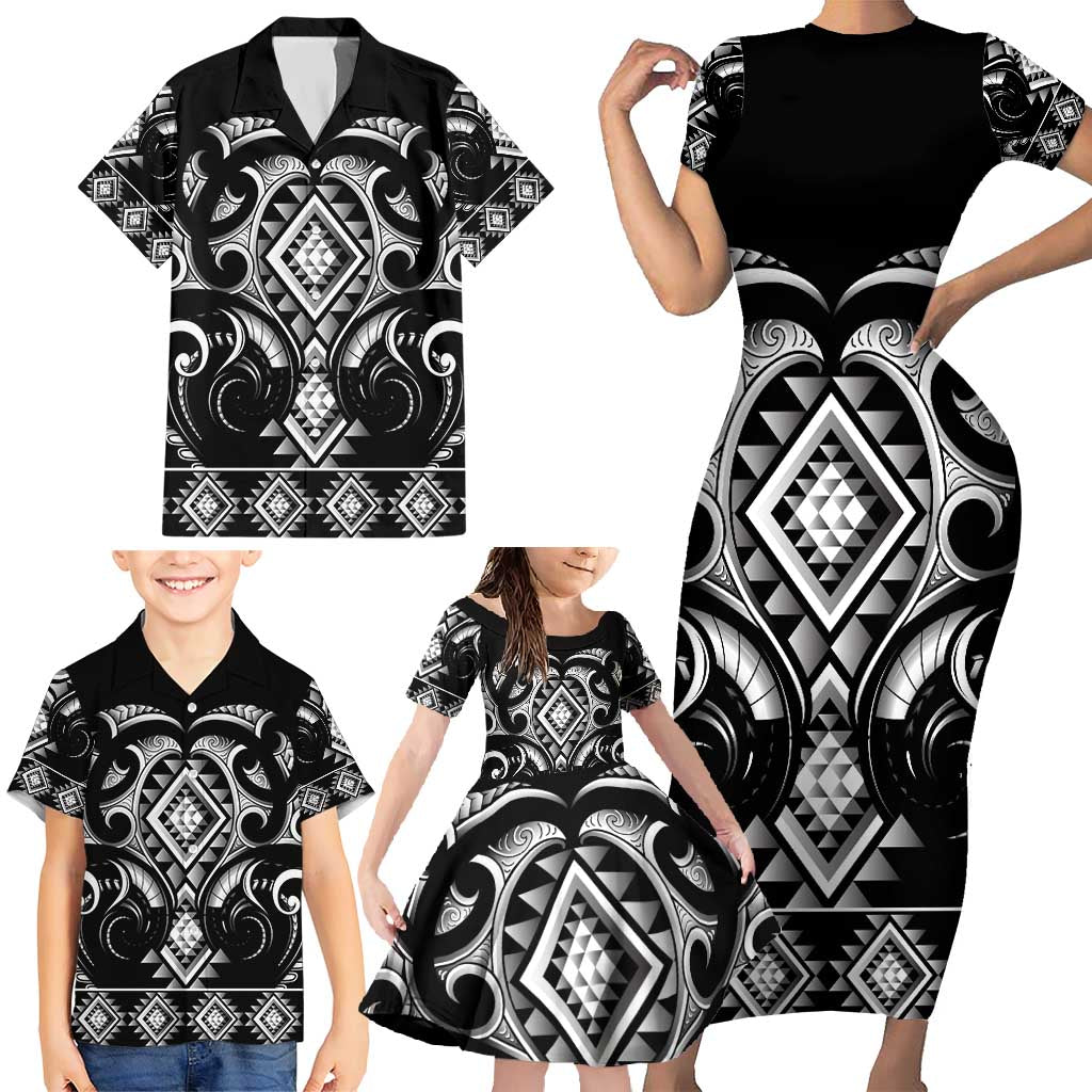 Black Ngaru Taniko With Aotearoa Maori Tattoo Family Matching Short Sleeve Bodycon Dress and Hawaiian Shirt LT14 - Polynesian Pride