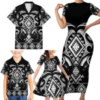 Black Ngaru Taniko With Aotearoa Maori Tattoo Family Matching Short Sleeve Bodycon Dress and Hawaiian Shirt LT14 - Polynesian Pride
