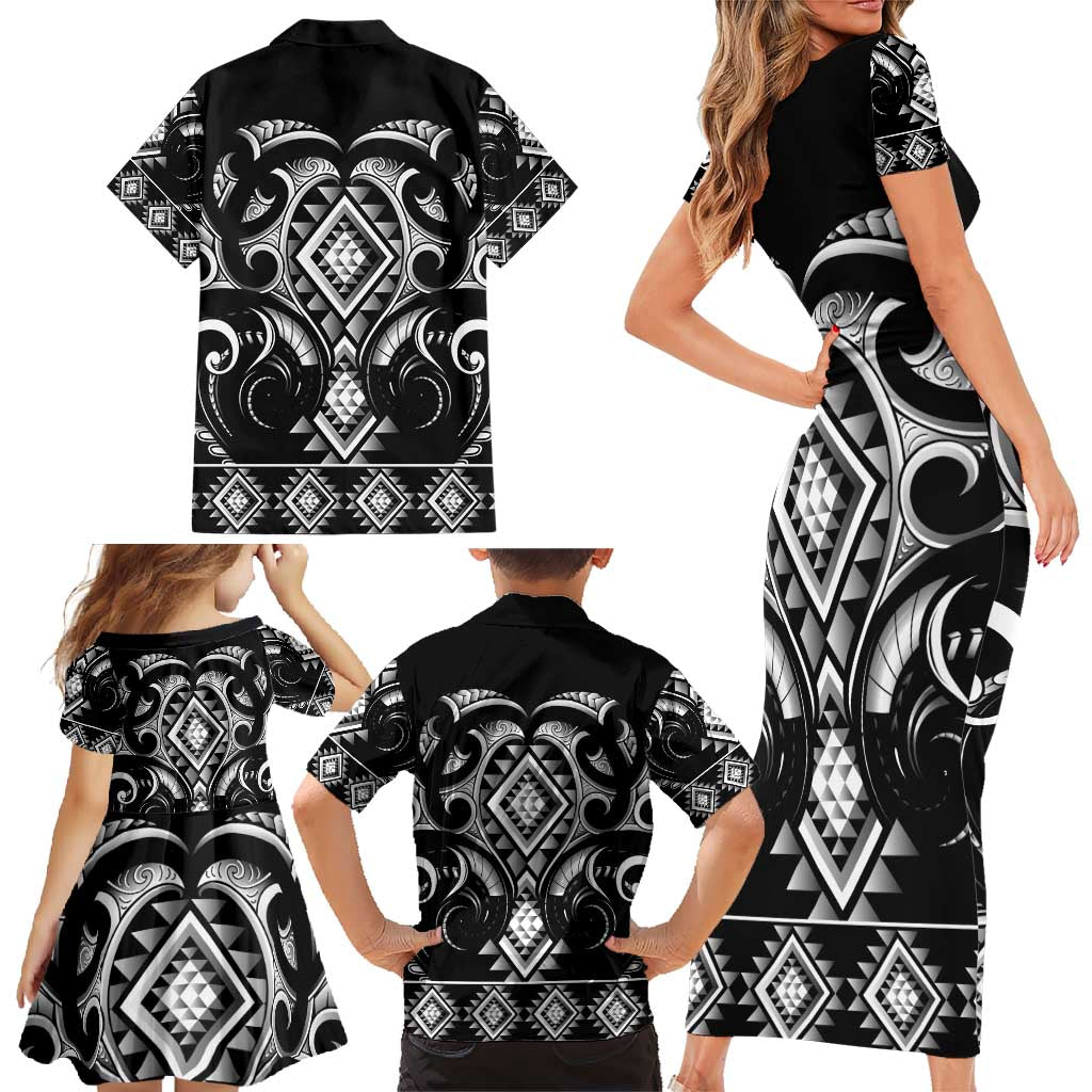 Black Ngaru Taniko With Aotearoa Maori Tattoo Family Matching Short Sleeve Bodycon Dress and Hawaiian Shirt LT14 - Polynesian Pride