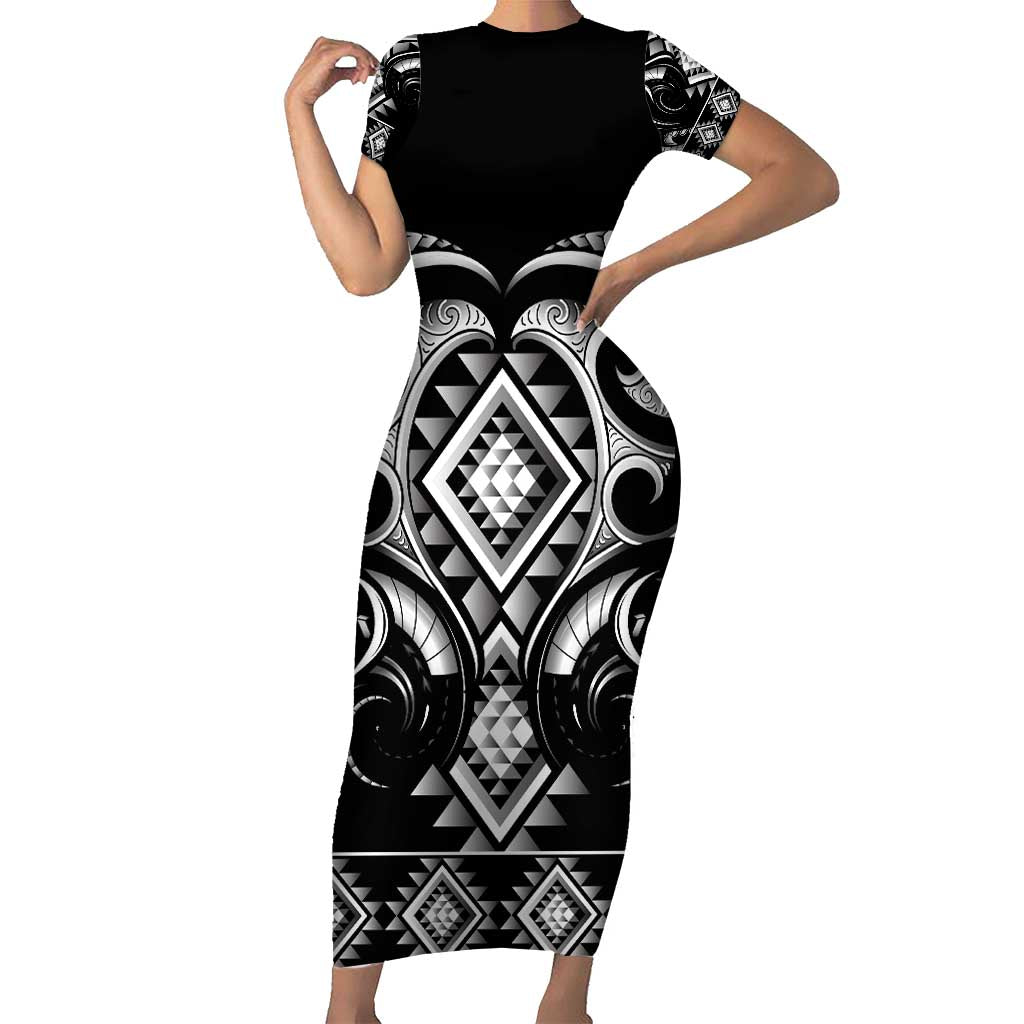 Black Ngaru Taniko With Aotearoa Maori Tattoo Family Matching Short Sleeve Bodycon Dress and Hawaiian Shirt LT14 Mom's Dress Black - Polynesian Pride