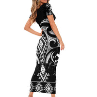 Black Ngaru Taniko With Aotearoa Maori Tattoo Family Matching Short Sleeve Bodycon Dress and Hawaiian Shirt LT14 - Polynesian Pride