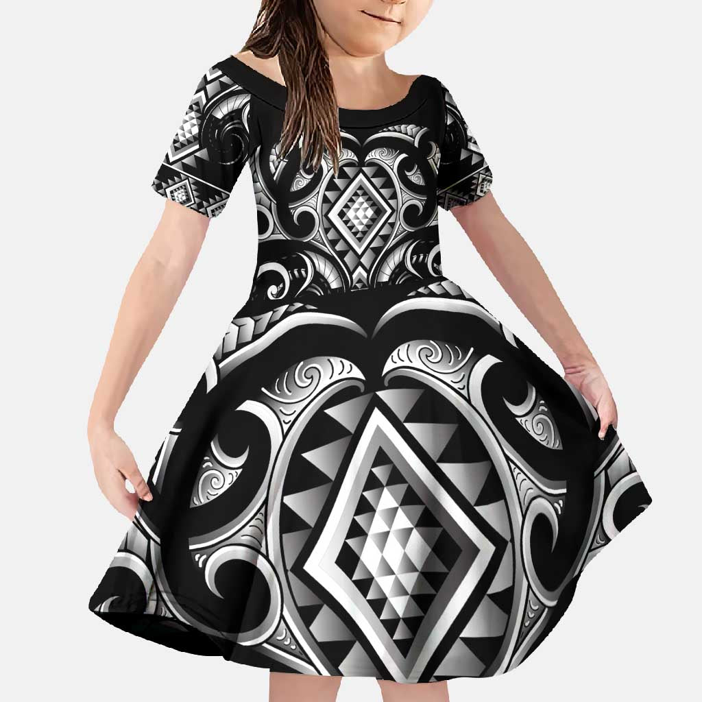 Black Ngaru Taniko With Aotearoa Maori Tattoo Family Matching Summer Maxi Dress and Hawaiian Shirt LT14 Daughter's Dress Black - Polynesian Pride
