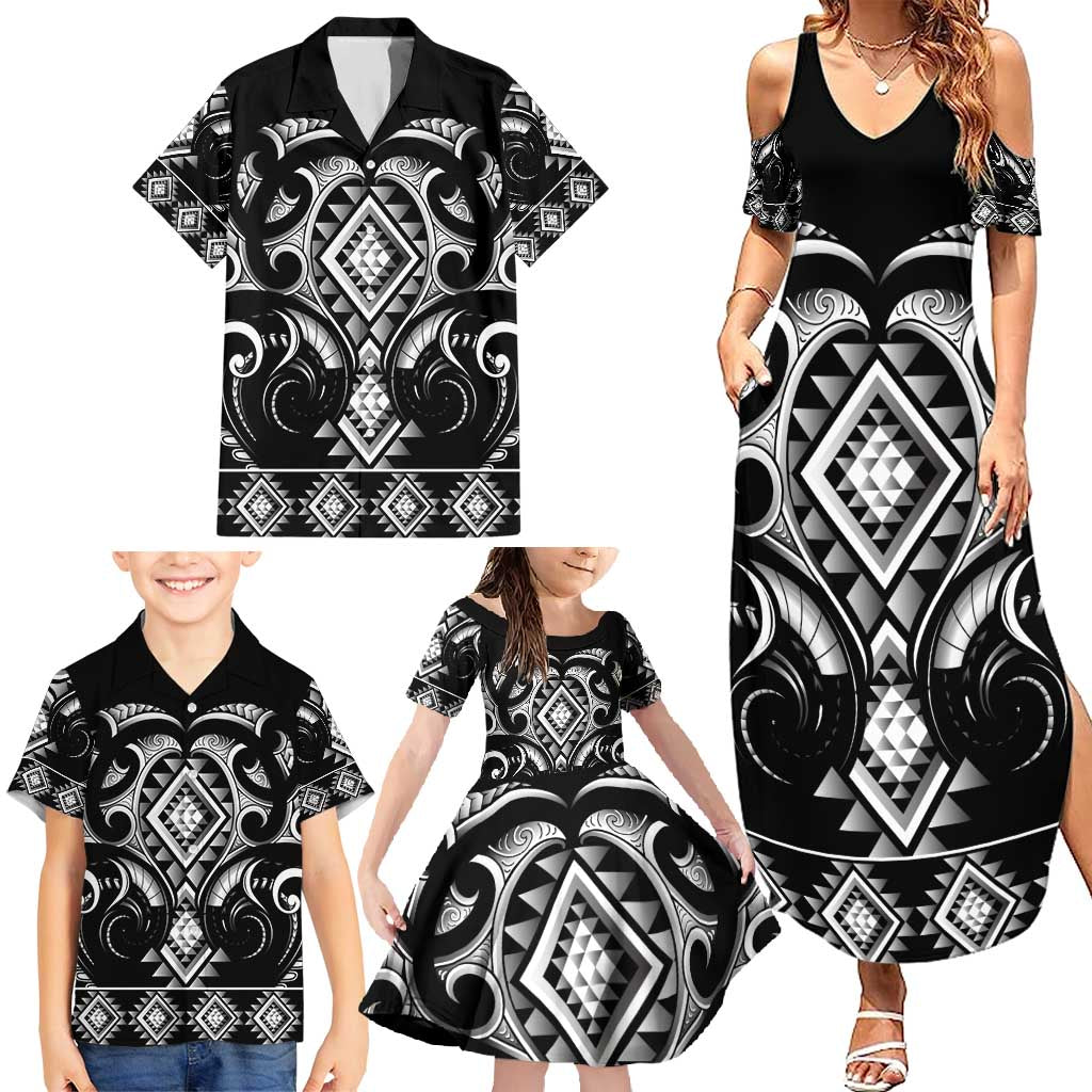 Black Ngaru Taniko With Aotearoa Maori Tattoo Family Matching Summer Maxi Dress and Hawaiian Shirt LT14 - Polynesian Pride