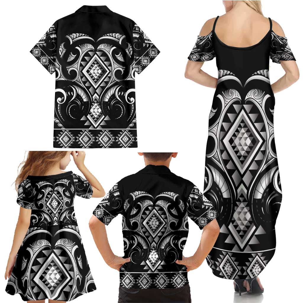 Black Ngaru Taniko With Aotearoa Maori Tattoo Family Matching Summer Maxi Dress and Hawaiian Shirt LT14 - Polynesian Pride