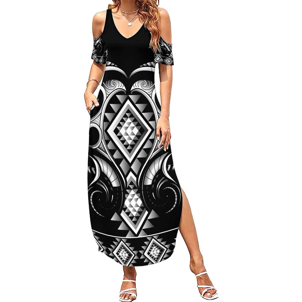 Black Ngaru Taniko With Aotearoa Maori Tattoo Family Matching Summer Maxi Dress and Hawaiian Shirt LT14 Mom's Dress Black - Polynesian Pride