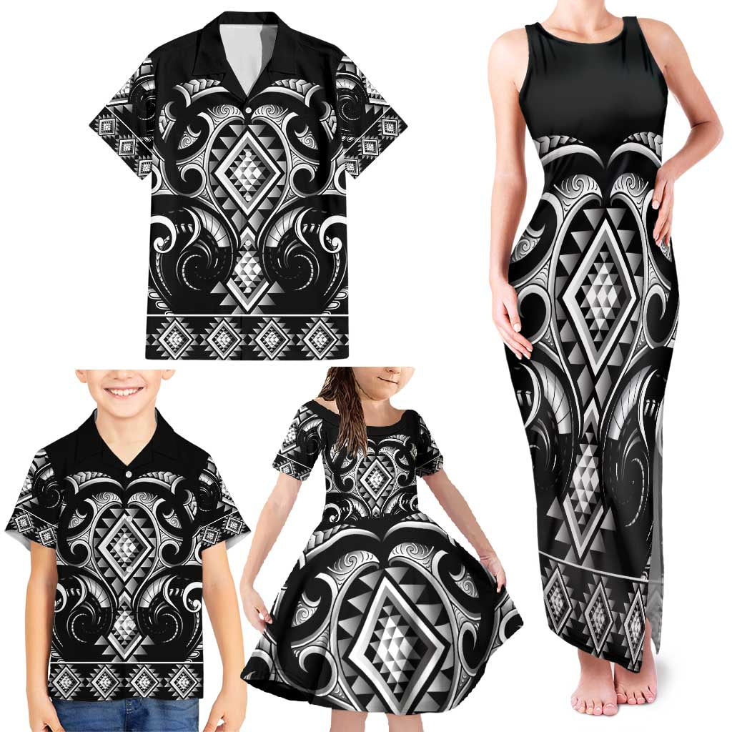 Black Ngaru Taniko With Aotearoa Maori Tattoo Family Matching Tank Maxi Dress and Hawaiian Shirt LT14 - Polynesian Pride