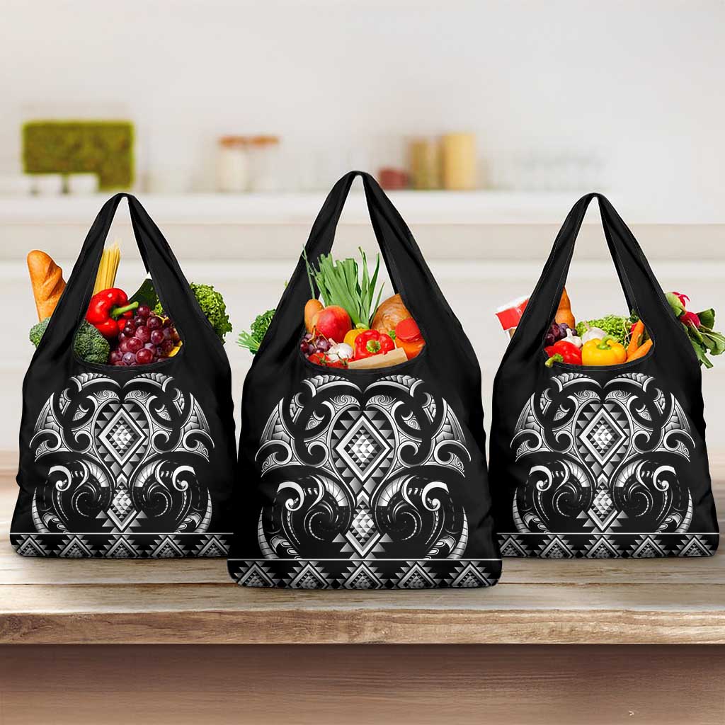 Black Ngaru Taniko With Aotearoa Maori Tattoo Grocery Bag LT14 3-pack One Size Black - Polynesian Pride