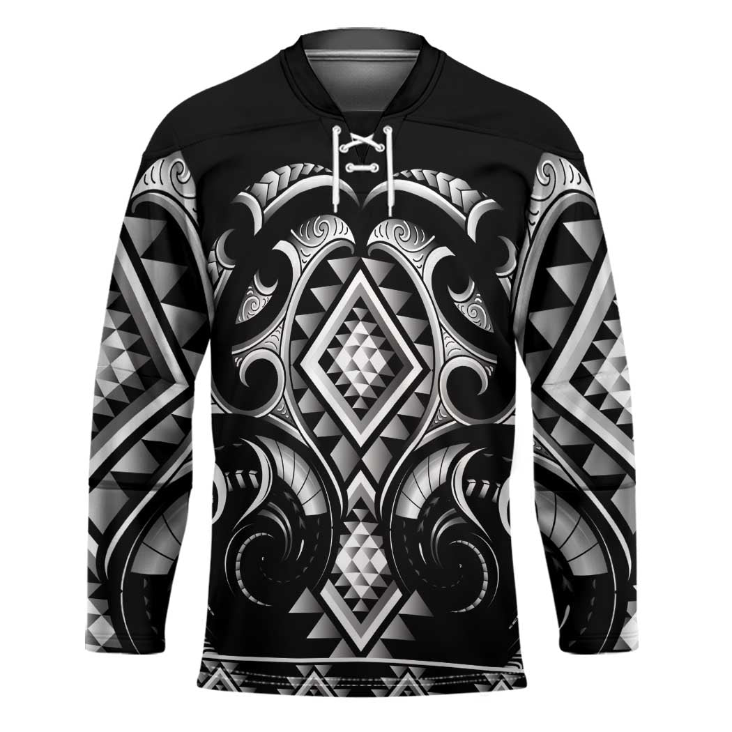 Black Ngaru Taniko With Aotearoa Maori Tattoo Hockey Jersey - Polynesian Pride