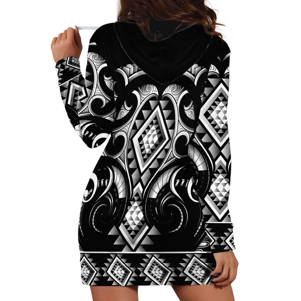 Black Ngaru Taniko With Aotearoa Maori Tattoo Hoodie Dress LT14 - Polynesian Pride