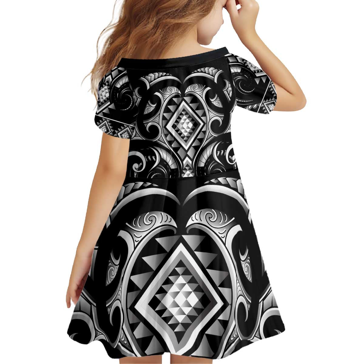 Black Ngaru Taniko With Aotearoa Maori Tattoo Kid Short Sleeve Dress