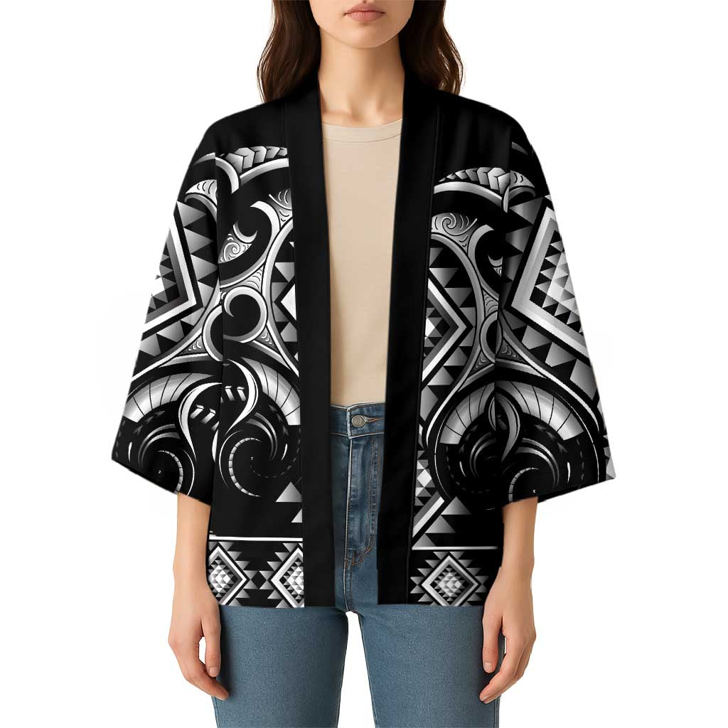 Black Ngaru Taniko With Aotearoa Maori Tattoo Kimono - Polynesian Pride