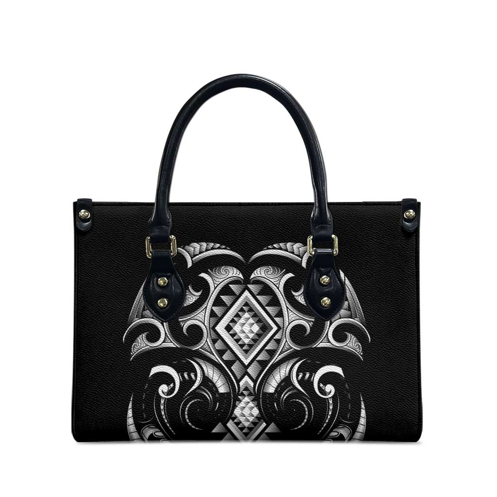 Black Ngaru Taniko With Aotearoa Maori Tattoo Leather Bag - Polynesian Pride