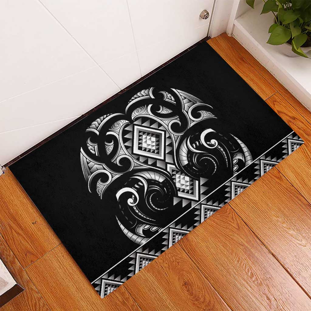 Black Ngaru Taniko With Aotearoa Maori Tattoo Rubber Doormat