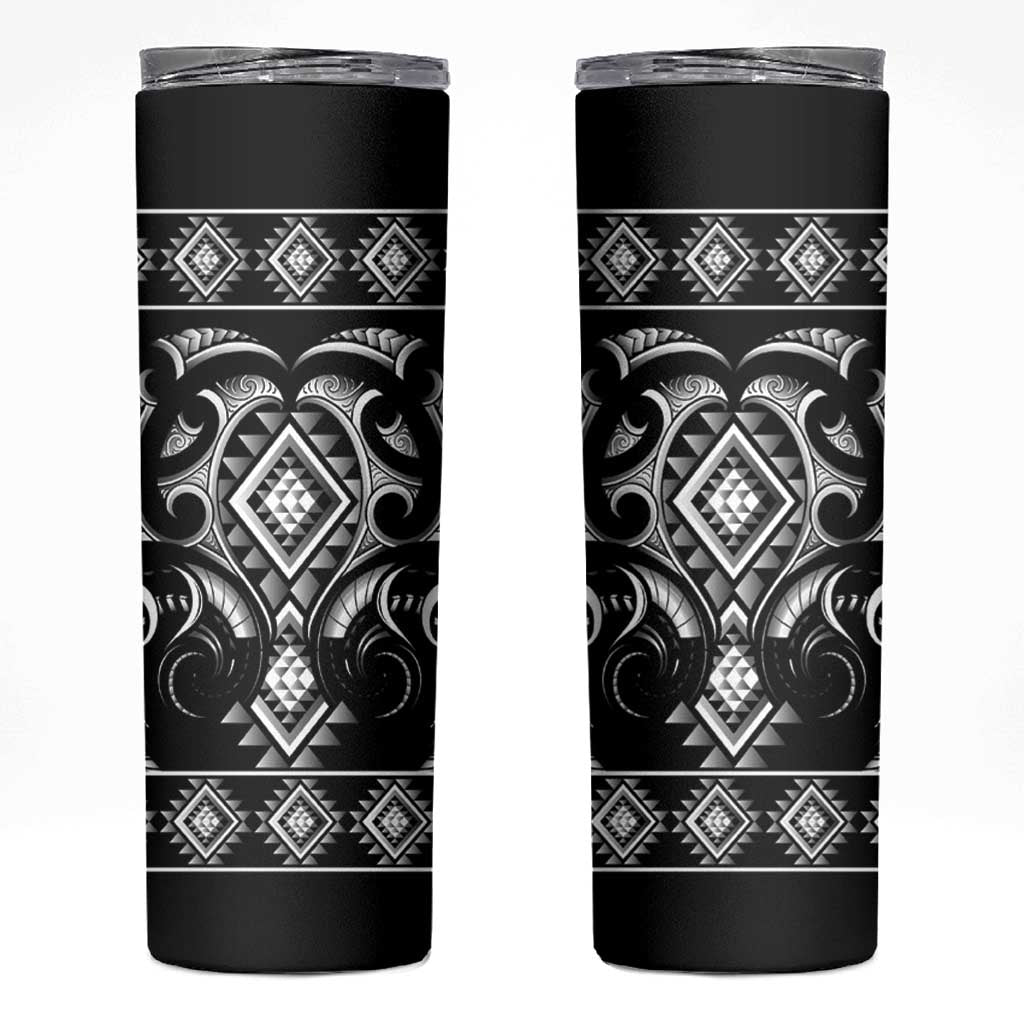Black Ngaru Taniko With Aotearoa Maori Tattoo Skinny Tumbler LT14 Black - Polynesian Pride