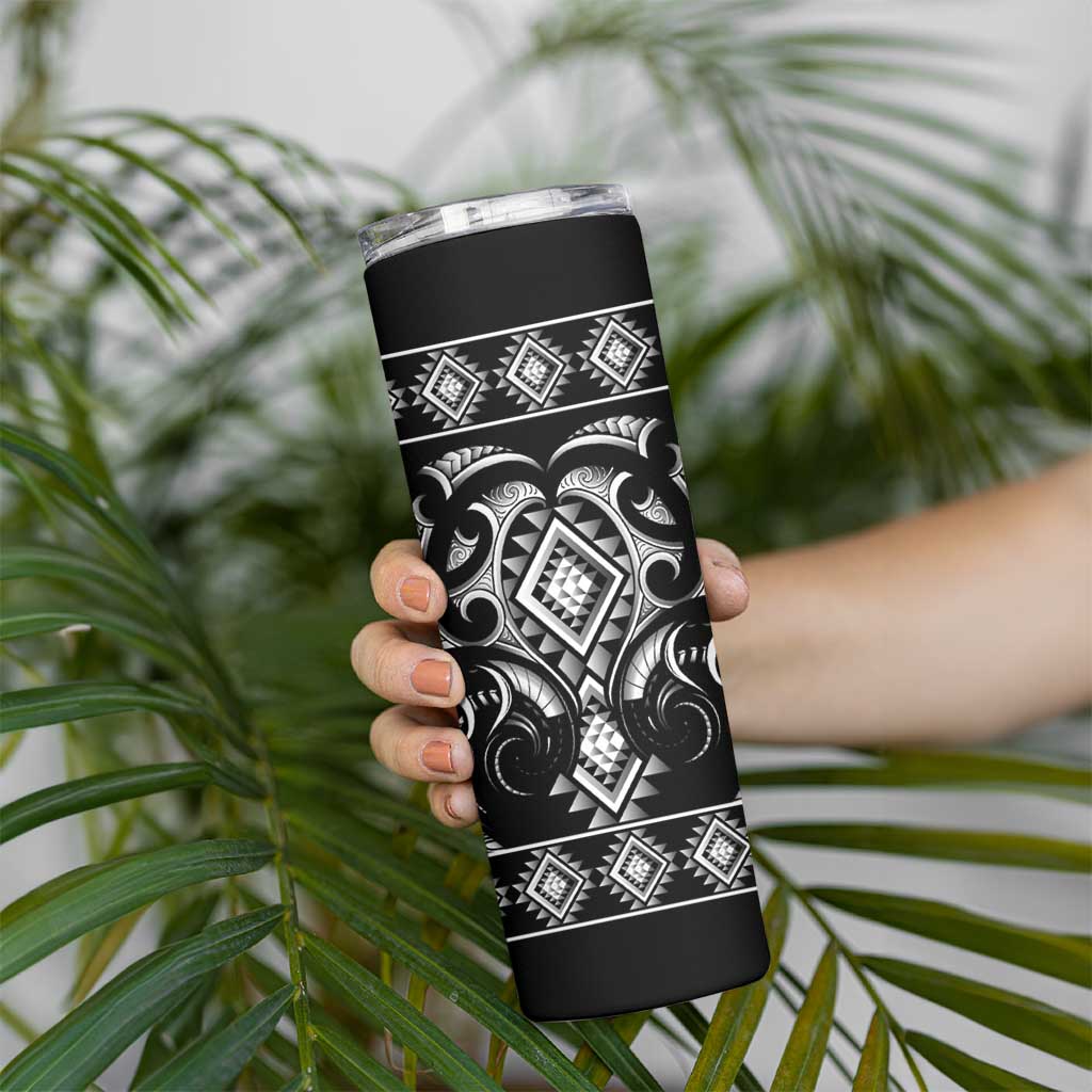 Black Ngaru Taniko With Aotearoa Maori Tattoo Skinny Tumbler LT14 - Polynesian Pride