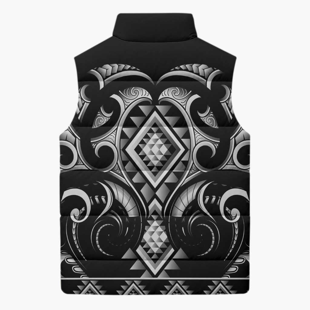 Black Ngaru Taniko With Aotearoa Maori Tattoo Sleeveless Puffer Jacket - Polynesian Pride