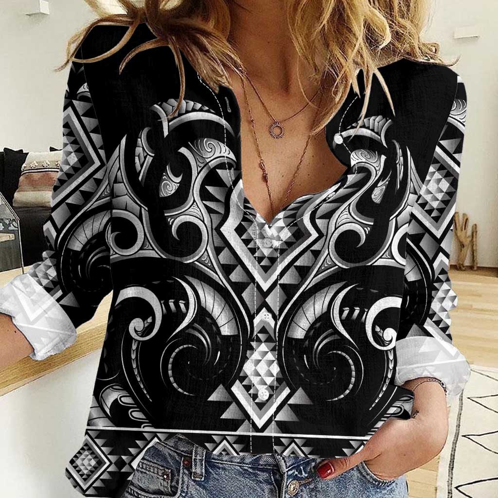Black Ngaru Taniko With Aotearoa Maori Tattoo Women Casual Shirt LT14 Female Black - Polynesian Pride