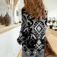 Black Ngaru Taniko With Aotearoa Maori Tattoo Women Casual Shirt LT14 - Polynesian Pride