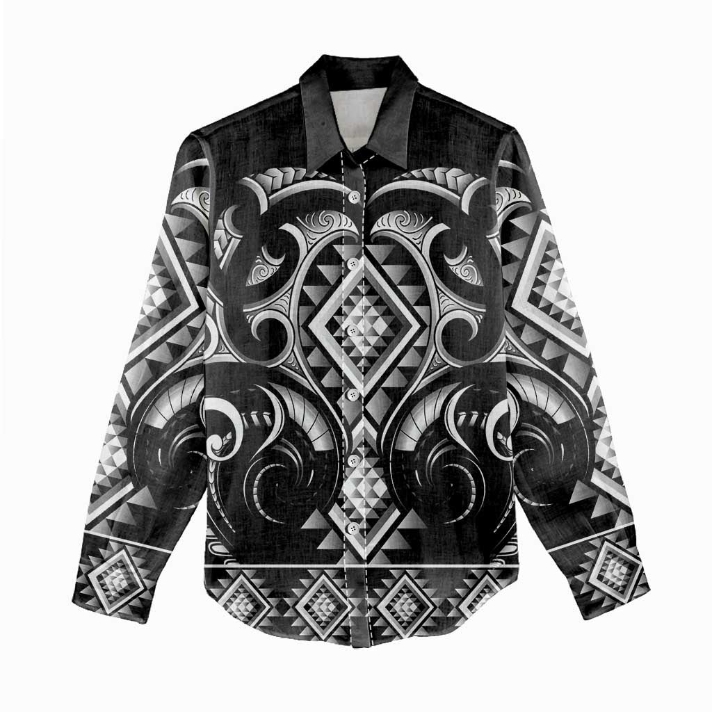 Black Ngaru Taniko With Aotearoa Maori Tattoo Women Casual Shirt LT14 - Polynesian Pride