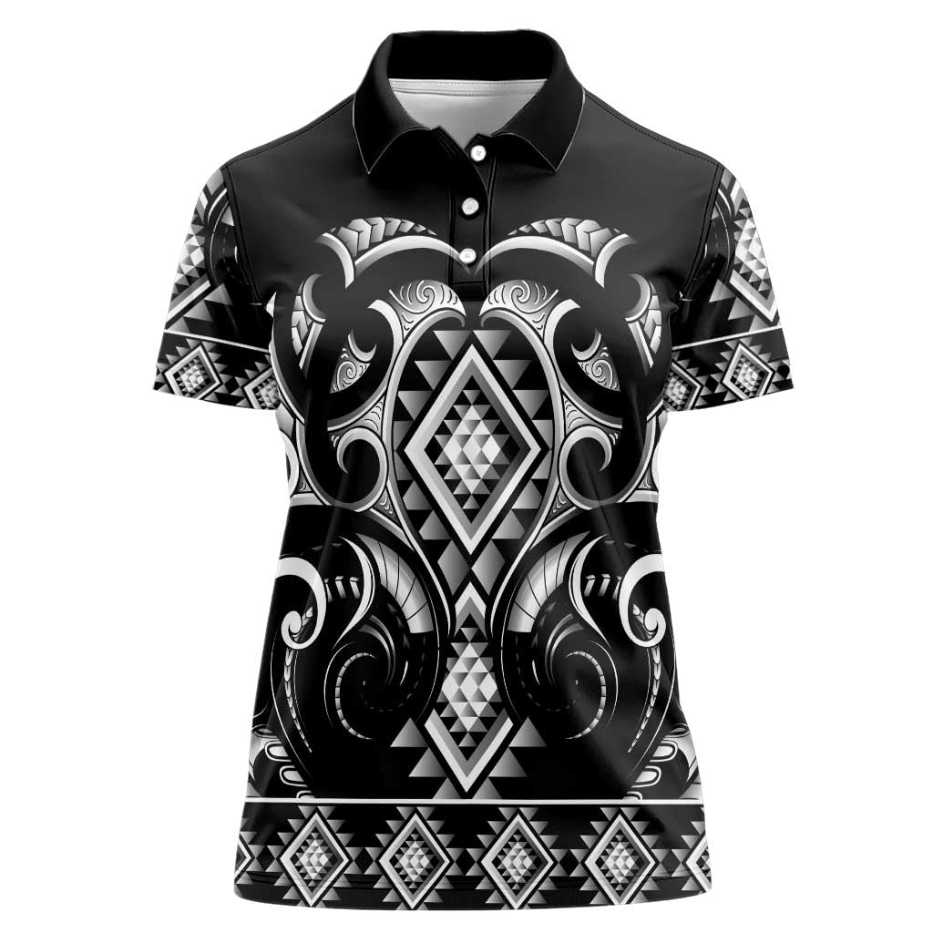 Black Ngaru Taniko With Aotearoa Maori Tattoo Women Polo Shirt LT14 Female Black - Polynesian Pride
