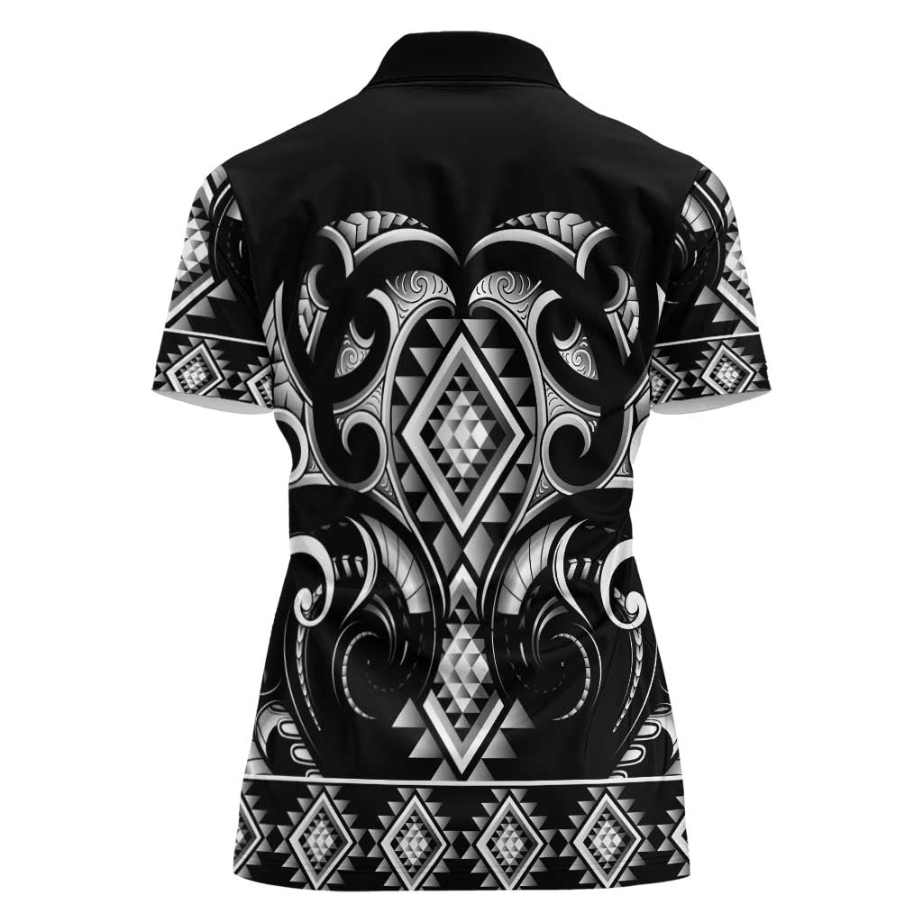 Black Ngaru Taniko With Aotearoa Maori Tattoo Women Polo Shirt LT14 - Polynesian Pride
