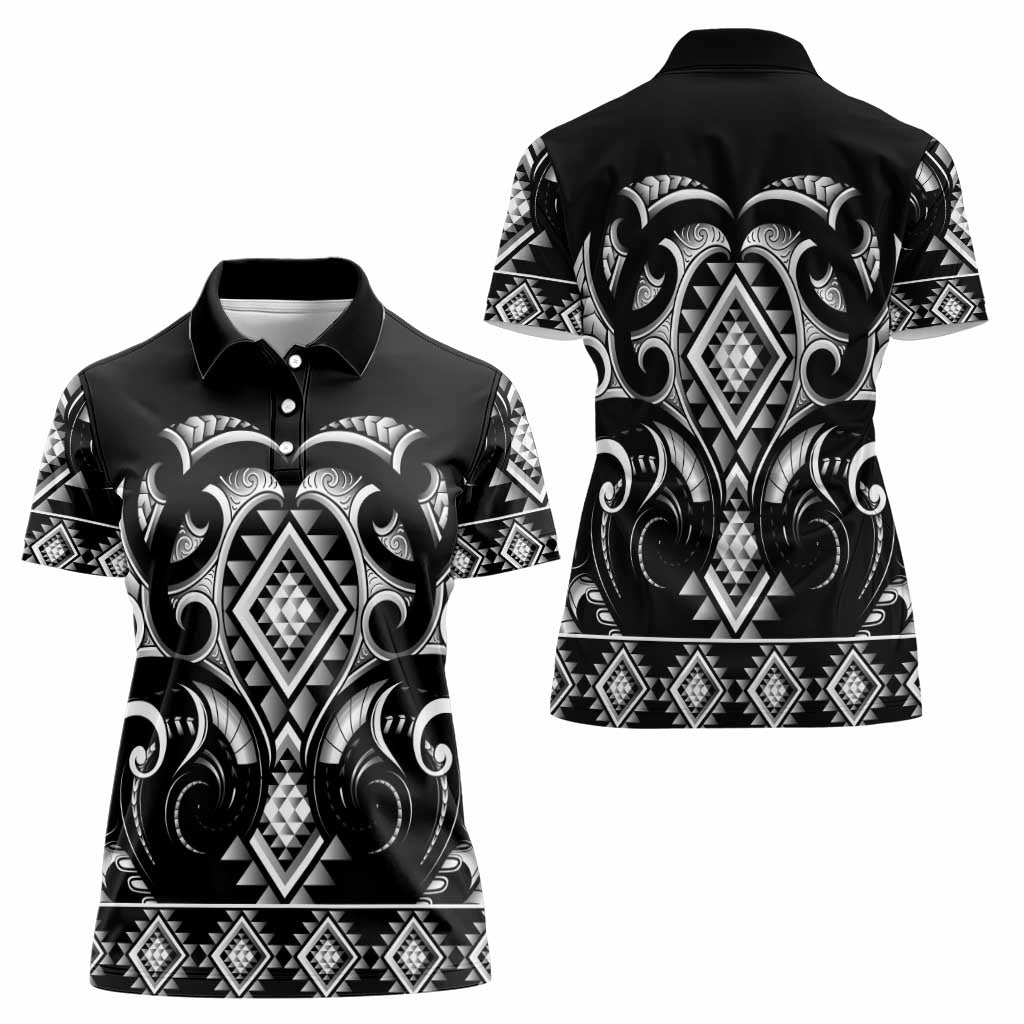 Black Ngaru Taniko With Aotearoa Maori Tattoo Women Polo Shirt LT14 - Polynesian Pride