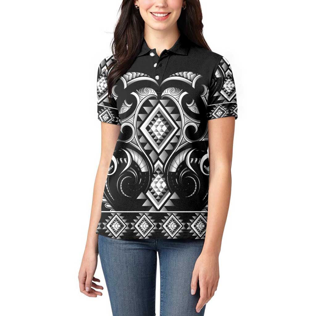 Black Ngaru Taniko With Aotearoa Maori Tattoo Women Polo Shirt LT14 - Polynesian Pride