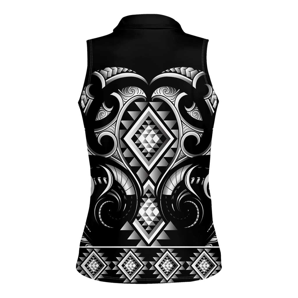 Black Ngaru Taniko With Aotearoa Maori Tattoo Women Sleeveless Polo Shirt LT14 - Polynesian Pride