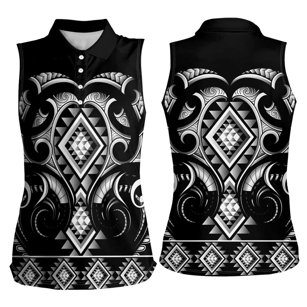 Black Ngaru Taniko With Aotearoa Maori Tattoo Women Sleeveless Polo Shirt LT14 - Polynesian Pride