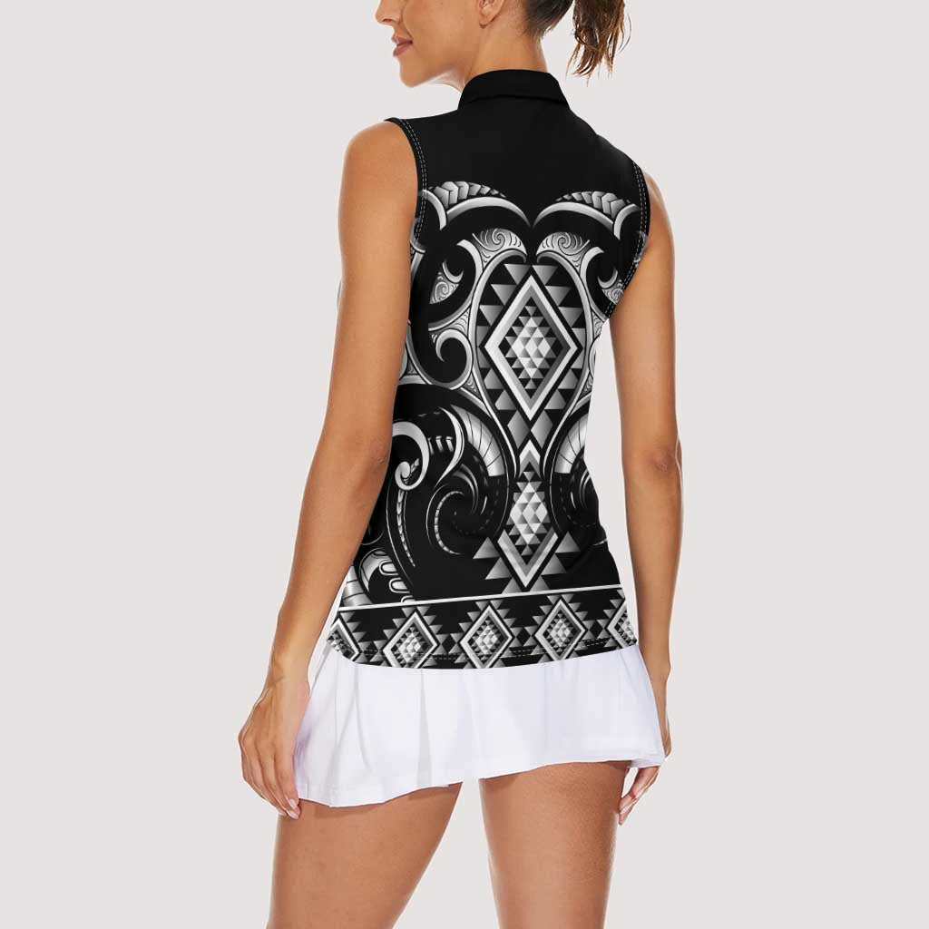 Black Ngaru Taniko With Aotearoa Maori Tattoo Women Sleeveless Polo Shirt LT14 - Polynesian Pride