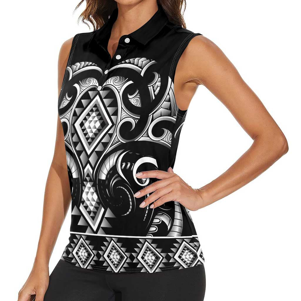 Black Ngaru Taniko With Aotearoa Maori Tattoo Women Sleeveless Polo Shirt LT14 - Polynesian Pride